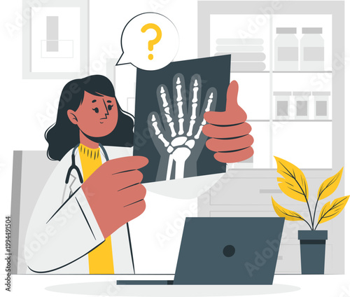 Doctor examining a hand xray in a medical office, trying to diagnose a patients injury or condition