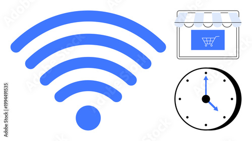 E-commerce, wireless technology, time management, online shopping, business operations, retail convenience. wireless symbol, shopping miniature storefront and clock visuals. E-commerce and wireless