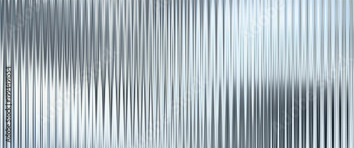 Silver acrylic ribbed glass texture background. Fluted plastic panel with soft blurred light reflections. Abstract translucent surface for modern design.