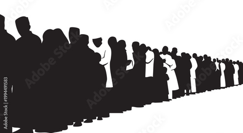 Queue of people silhouettes standing in line for waiting time service or crowd gathering illustration.