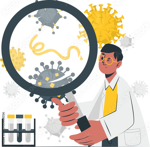 Scientist examining viruses and bacteria through a magnifying glass in a laboratory setting