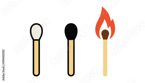 Three matches in different states of ignition matchsticks fire flame burning vector illustration isolated on white background