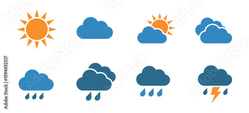 Weather icon set simple colored cloud symbols, vector illustration for forecast and climate interface design