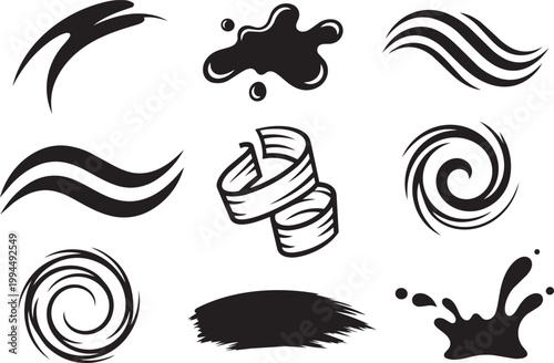 Set of abstract vector design elements including liquid splashes, swirls, and wood shavings