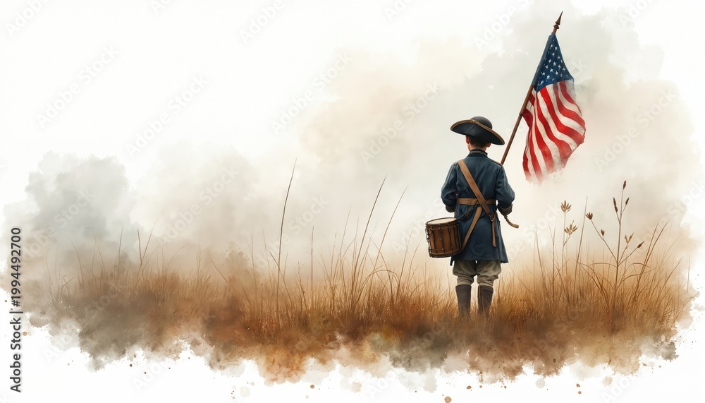 Fototapeta premium Colonial drummer boy stands with flag on misty field. Child soldier holds drum with US flag, wears old uniform. Watercolor art evokes American history, patriotism, and struggle.