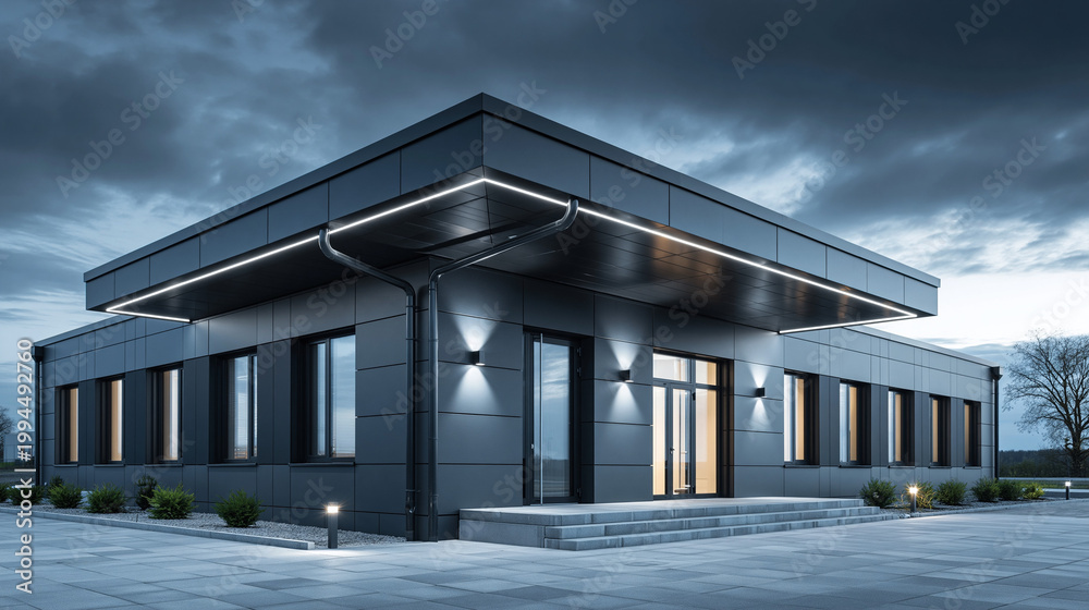 Fototapeta premium Modern architectural building with unique design urban setting photography nighttime sleek and contemporary aesthetics