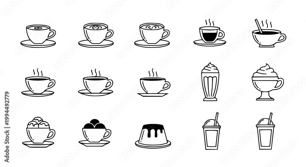 Fototapeta premium Black and white hot drinks and desserts in cups icon set coffee tea and dessert beverage vector collection