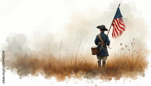 Colonial drummer boy stands with flag on misty field. Child soldier holds drum with US flag, wears old uniform. Watercolor art evokes American history, patriotism, and struggle.