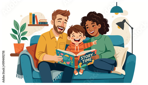 happy family reading a book together.