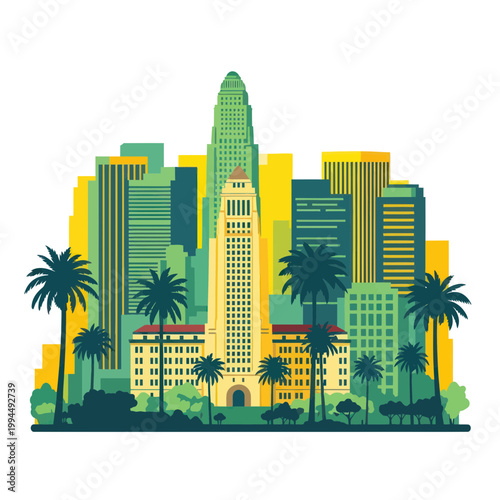 Los Angeles Cityscape Skyline with Palm Trees and Greenery