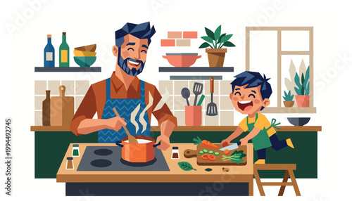 Father and son cooking together at home.