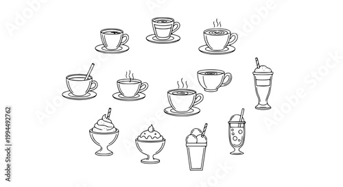 Coffee and dessert cup outline icon collection with hot drinks and sweet beverage set black and white vector design