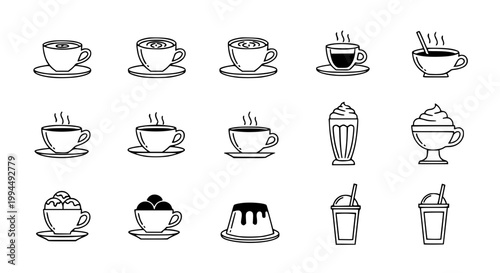 Black and white hot drinks and desserts in cups icon set coffee tea and dessert beverage vector collection