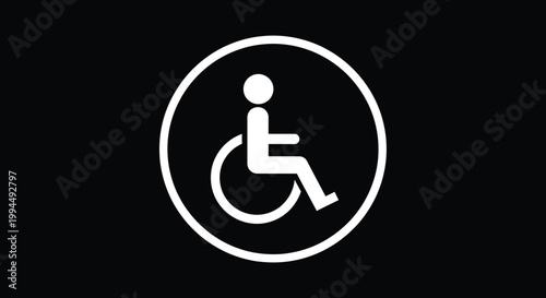 A stark white circle displays a black silhouette of a person in a wheelchair signifying accessibility