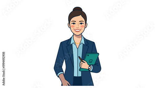 A cartoon woman in business attire holding a tablet.