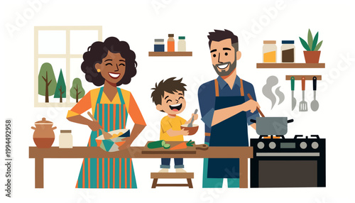 A family cooking together in kitchen.