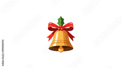 Golden Christmas Bell with Red Ribbon and Holly