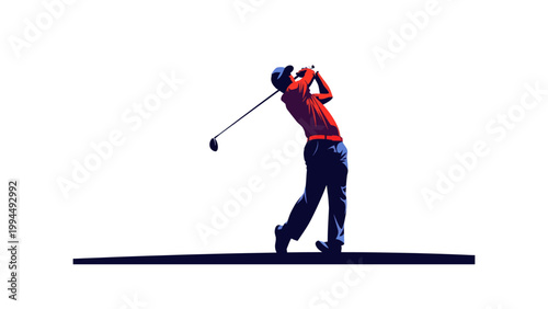 Golfer Mid-Swing in Red Shirt