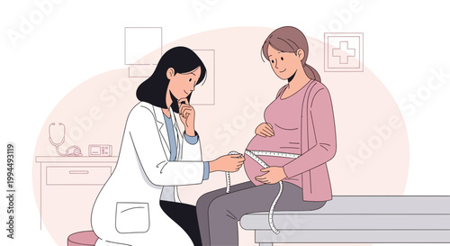 Doctor measuring pregnant woman's belly during prenatal checkup in clinic