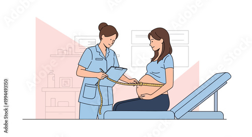Doctor measuring pregnant woman's belly during prenatal checkup in clinic