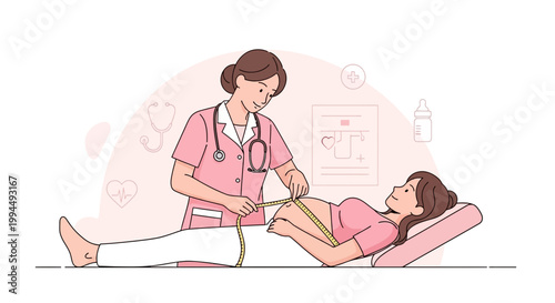 Doctor measuring pregnant woman's belly during prenatal checkup, healthcare concept