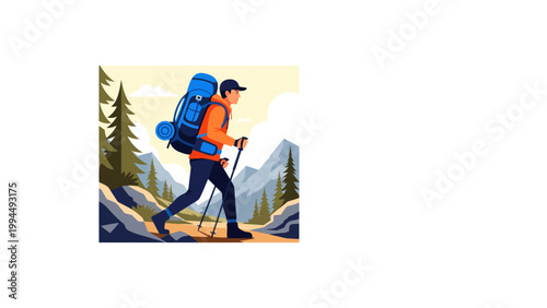 hiker with backpack in mountain landscape
