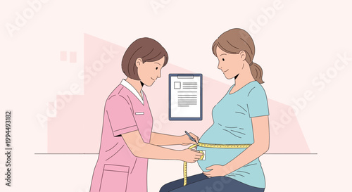 Doctor measuring pregnant woman's belly with tape measure during check-up