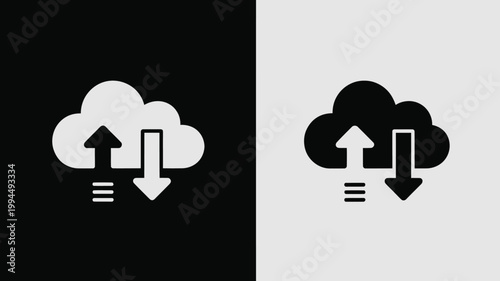 Cloud icons with upload and download arrows on black and white backgrounds for data transfer concepts