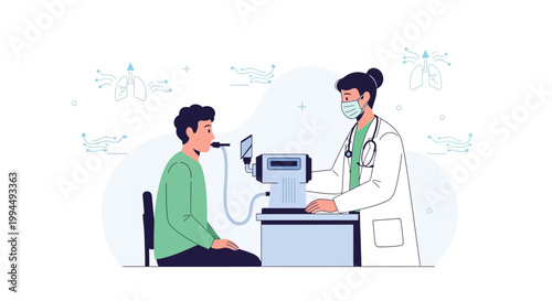 Doctor performing pulmonary function test on patient with spirometer for lung health checkup