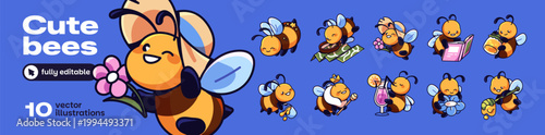 Set of cute bees. Happy characters of honeybees with honey and flowers. Funny bumblebees are flying, reading book, eating, drinking, smiling and having fun. Flat isolated vector illustrations