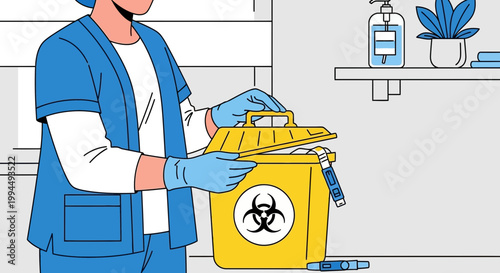 Healthcare worker disposes of biohazard waste in yellow bin with biohazard symbol