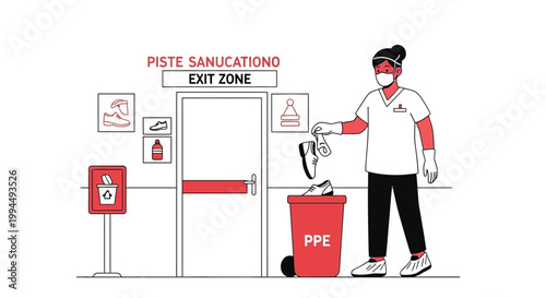 Healthcare worker discarding PPE in exit zone, hygiene and safety protocols