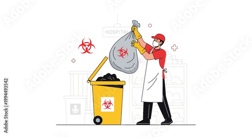 Healthcare worker disposing of biohazard waste in a hospital setting