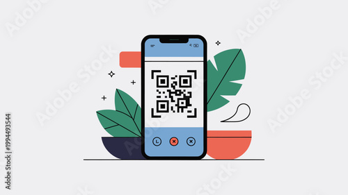 Smartphone Displaying QR Code With Green Leaves And Colorful Background For Technology Concepts