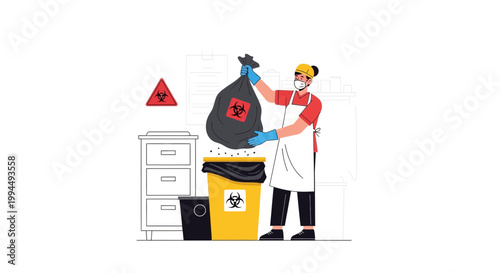 Healthcare worker disposing of biohazard waste in a special bin