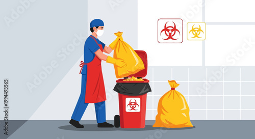Healthcare worker disposing of biohazard waste in yellow bags, safety and hygiene concept