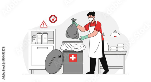 Healthcare worker disposing of medical waste in biohazard bin, safety precautions