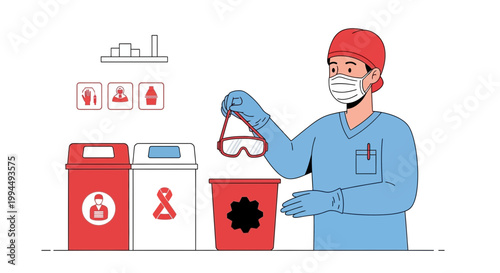 Healthcare worker disposing of medical waste and PPE, safety and hygiene concept