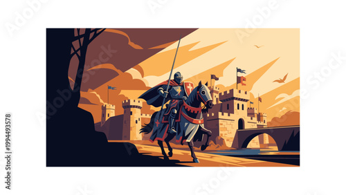 medieval knight on horseback near castle