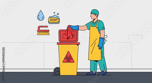 Healthcare worker disposing of biohazard waste in yellow bin, cleaning supplies nearby
