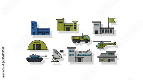 Military Base Structures and Vehicles Vector Illustration
