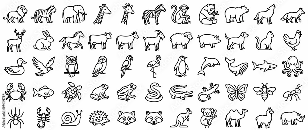 Naklejka premium Collection of various animal line icons.