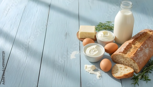 Bread loaf butter milk eggs and sour cream with rosemary on blue wooden surface highlighting fresh baking and breakfast ingredients
