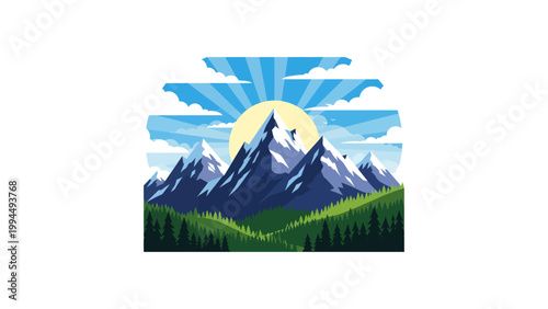 mountain landscape with sun and trees