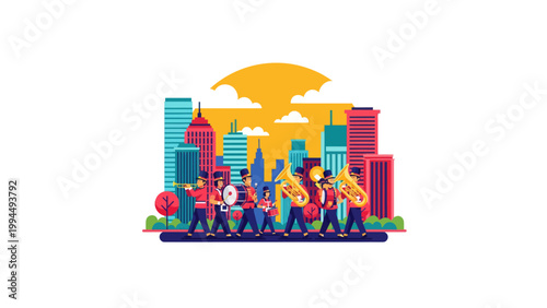 musicians playing brass instruments in cityscape