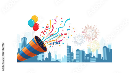 Party Popper with City Skyline and Fireworks