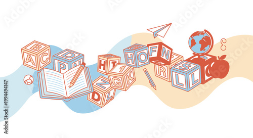 Education icons, learning symbols, alphabet blocks, colorful graphics, teaching tools