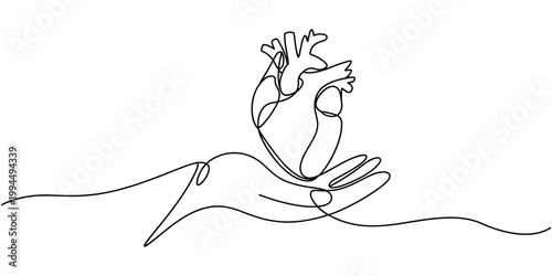 An editable line modern illustration of hands holding a heart. It is a donation symbol. Stained white background with a continuous one-line art drawing. This is a charity donation line symbol.