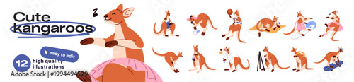 Set of cute kangaroos. Happy Australian marsupial animals- mother with funny baby in her bag. Characters of Australia dance, jump, play and have fun. Flat isolated vector illustrations on white