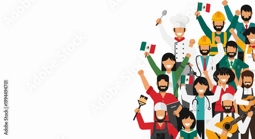 Cheerful diverse group celebrating with colorful chef hats and flags, vibrant vector illustration. Festive teamwork concept featuring happy people in professional attire.